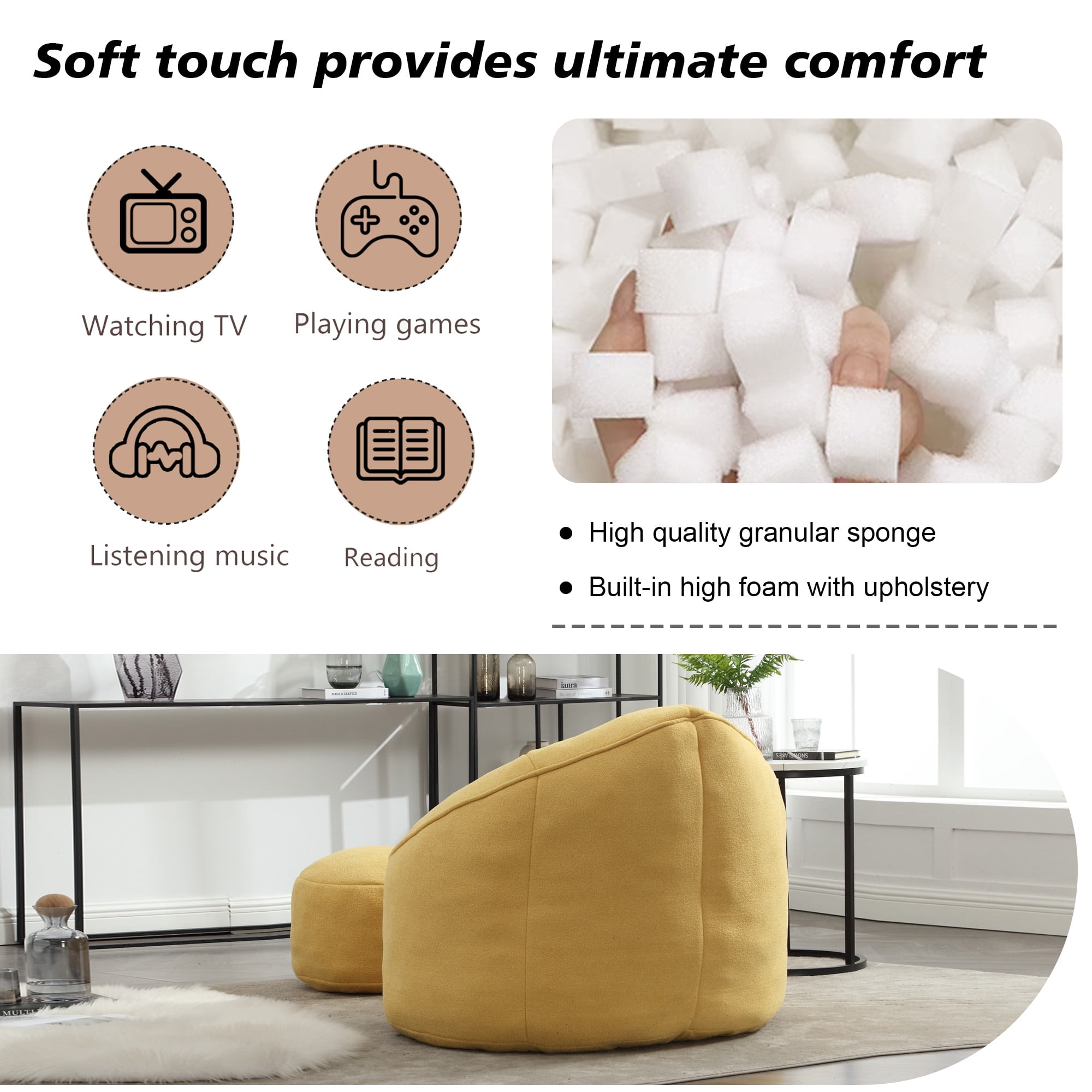 MOONMISS Microfiber Upholstered High Pressure Foam Round Lazy Bean Bag Sofa Chair with Ottoman-Yellow