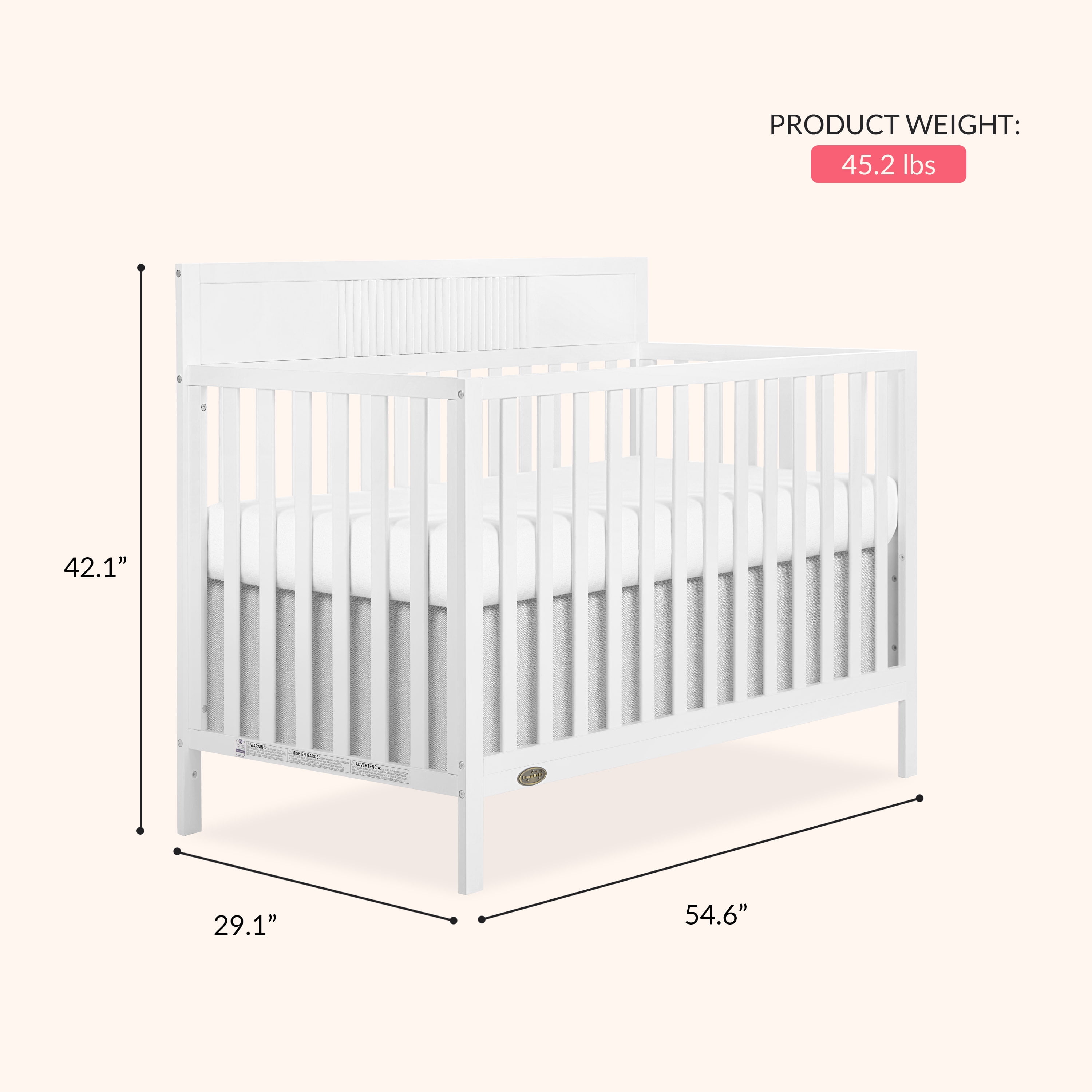 Dream On Me Ivy 5-in-1 Convertible Crib in White with Free Crib Mattress