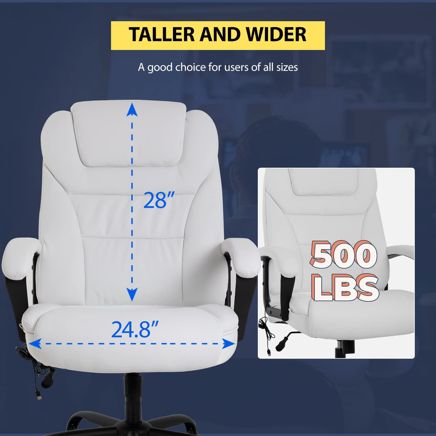 Big and Tall Executive Chair 500lb Capacity PU Leather Boss Office Desk Chair Heavy Duty High Back Computer Chair Thick Sponge Office Chair with 360°Quiet Swivel Wheels, White