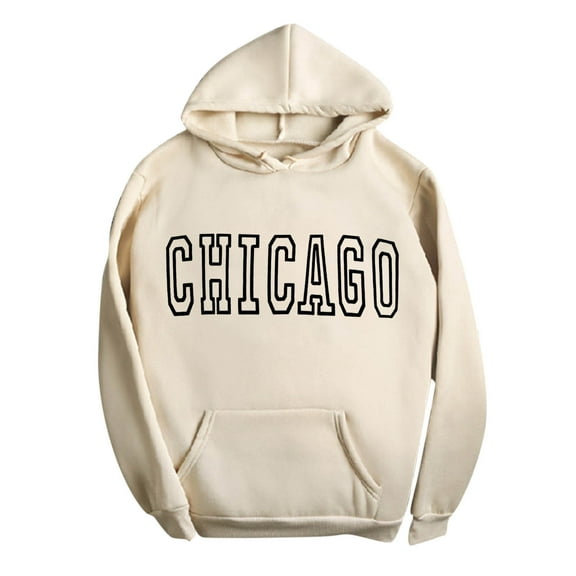 TAIAOJING Women Hoodies Chicago Letter Printed Casual Long Sleeve Hooded Sweatshirt