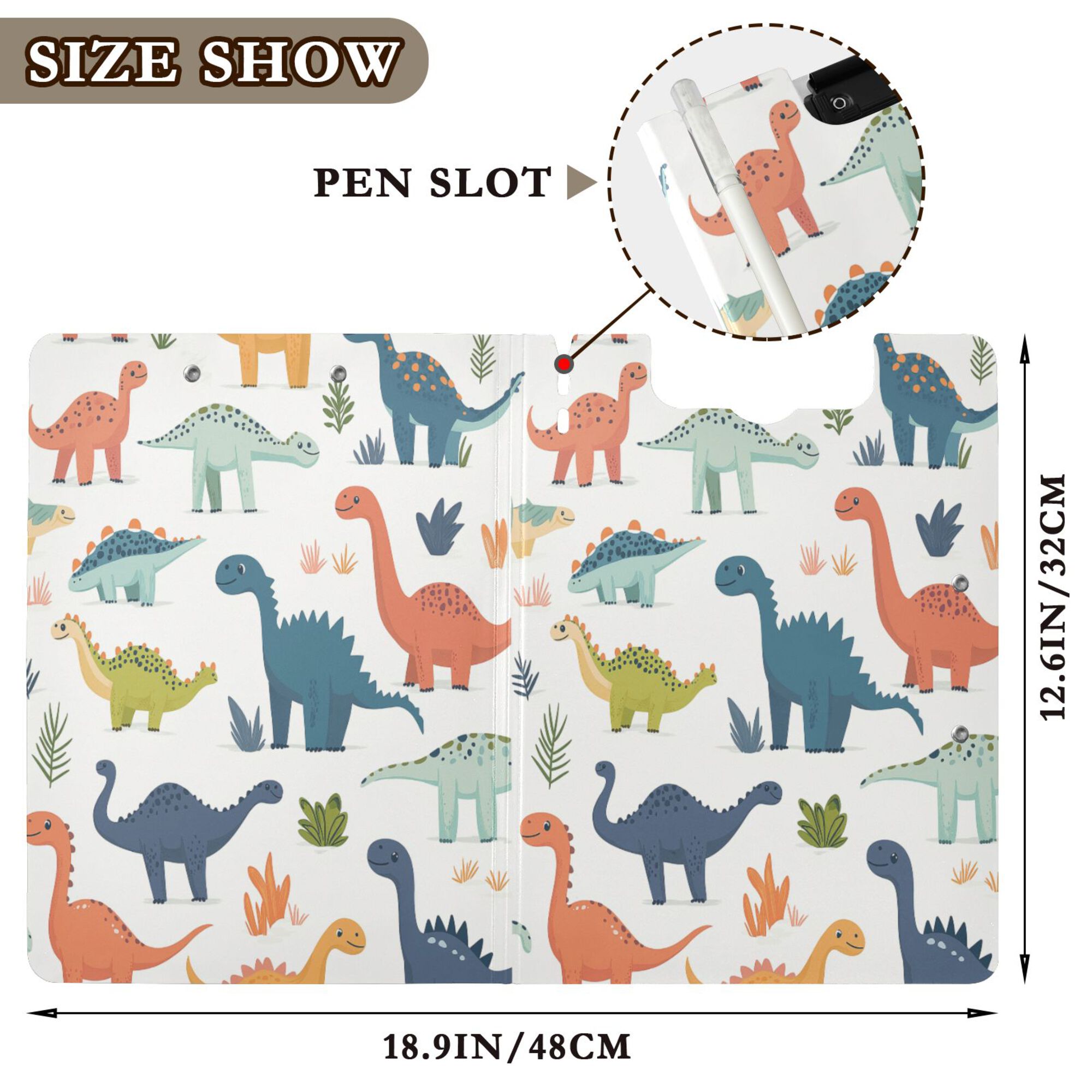FORMRS A4 Clipboard Folder with Pen Holder Horizontal Foldable School Office Binder, Dinosaur Pattern