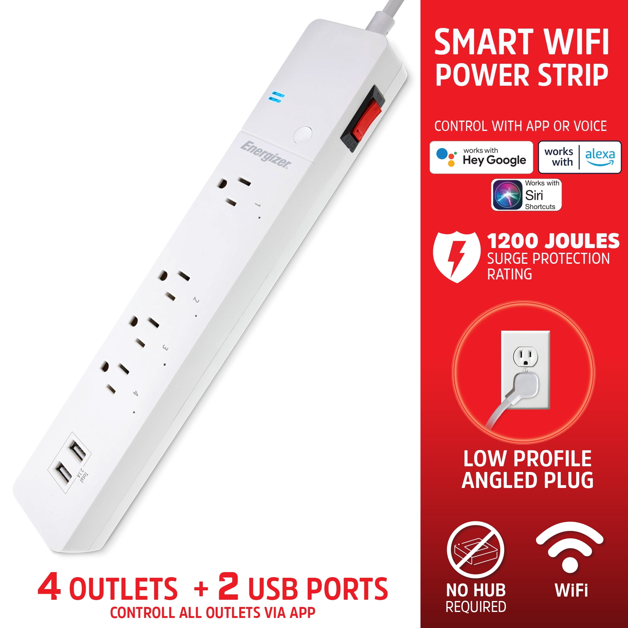 Smart Wi-Fi 4 Outlet 2 USB Power Strip, 1,200 Joules, Powers 4 Separate Items, Charge Compatible Devices