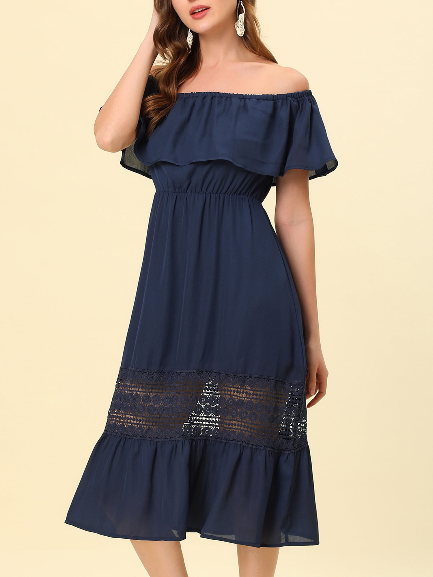 DARING DIVA Women's Off Shoulder Flutter Sleeve Maxi Dress XS Navy Blue