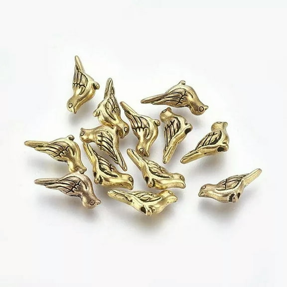 U8MO 5 Tiny Bird Beads Charms Metal Antiqued Gold 3D 2 Sided Aviary Findings 14mm