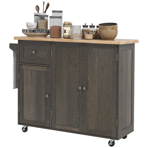 Knubmt Rolling Kitchen Island with Wheels and Towel Rack, Wood Top Kitchen Cart for Living Room, Dining Room, Brown