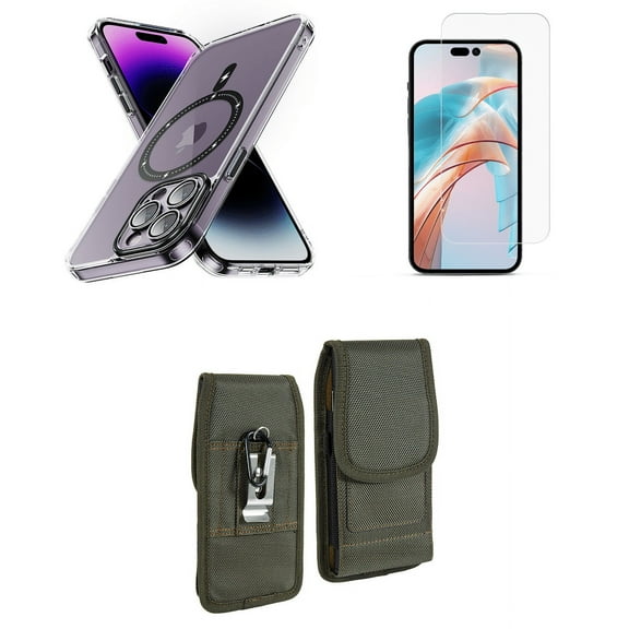 Bemz Magnetic Case for iPhone 15 Pro Max with Camera Lens Protection (MagSafe Compatible) Shockproof Transparent Cover, Screen Protector, Vertical Rugged Nylon Belt Holster Pouch (Black/Green)