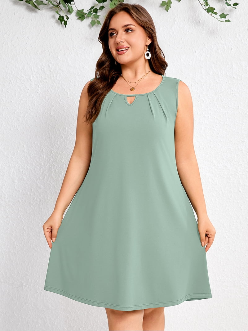 Showmall Women's Plus Size Casual A-Line Dress, Sleeveless Summer Beach Dress with Pockets, Mint Green 1X High Waist Flowy Shift Dress for Daily Wear Showmall Women's Plus Size Casual A-Line Dress, Sleeveless Summer Beach Dress with Pockets, Mint Green 1X High Waist Flowy Shift Dress for Daily Wear