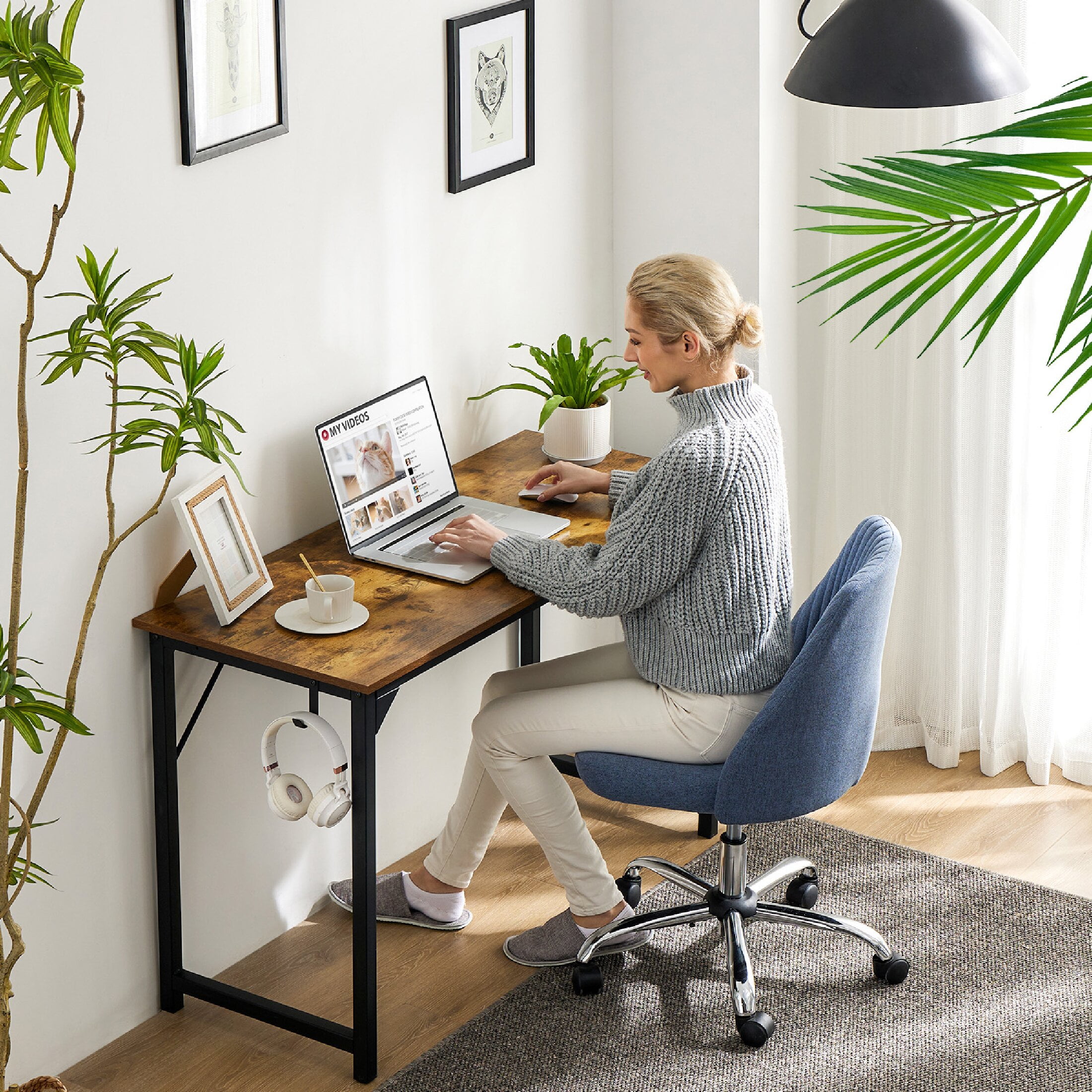 CONCETTA Computer Desk 63 Inch, Simple Farmhouse Table With Storage Bag & Headphone Hooks, Rust