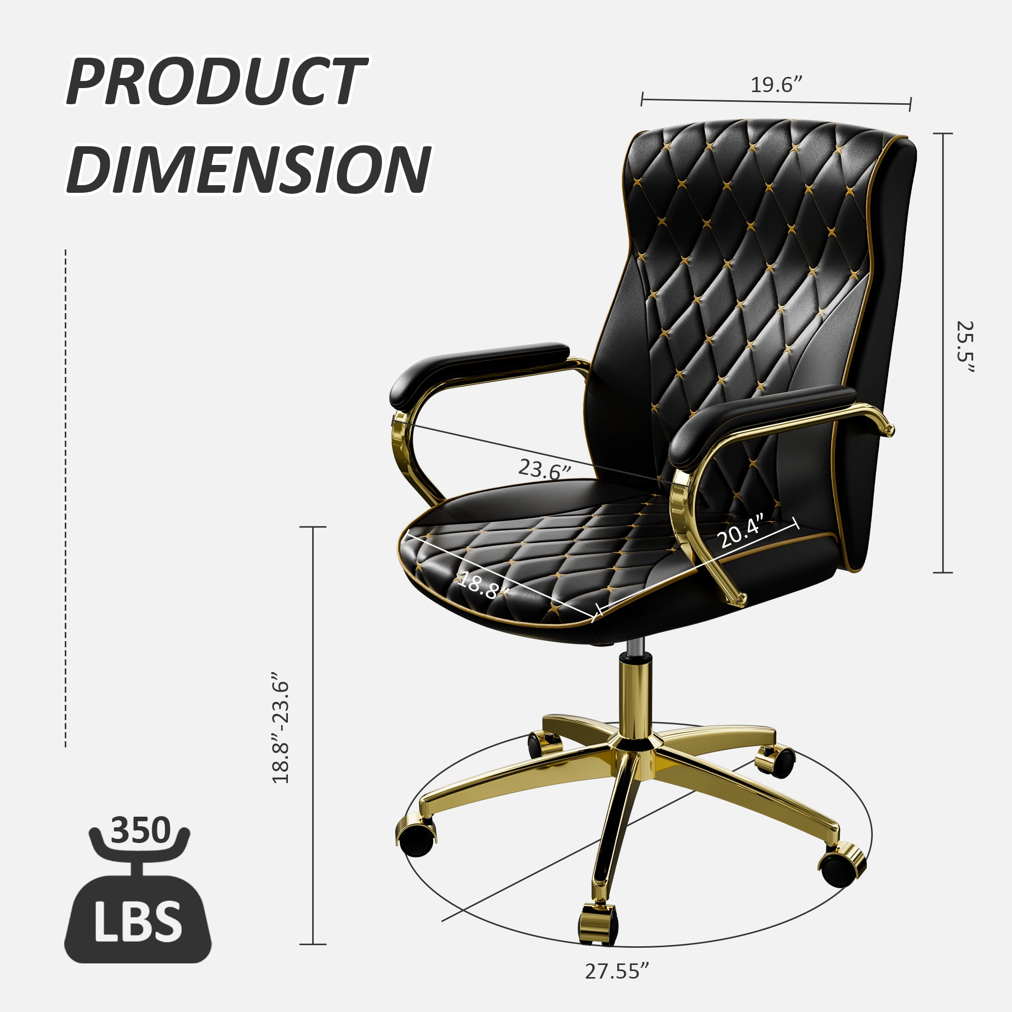Big and Tall Black Office Chair Set of 2, High Back 360 Swivel Executive Office Desk Chair, PU Leather Desk Chair with Gold Metal Leg, Computer Home Office Chair with Rocking Function, Black