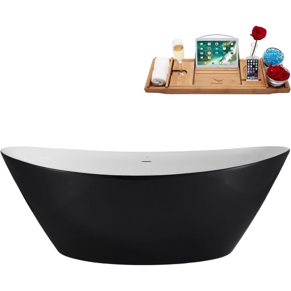 71" Streamline NB6980BGL Soaking Glossy Black Freestanding Tub and Tray With Internal Drain in Brushed Gold