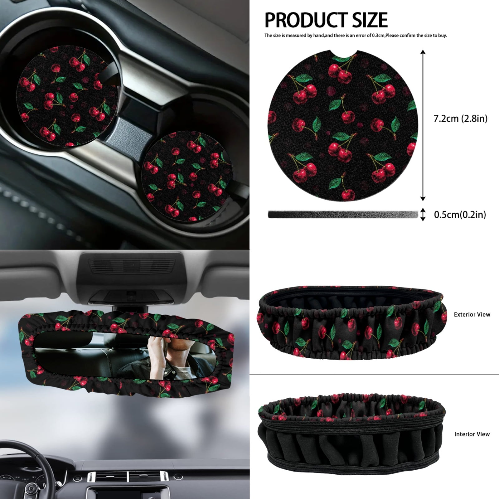 Renewold Cute Cherry Black 12 PCS Front Car Seat Cover Set with Steering Wheel Rear View Mirror Cover Seat Belt Strap Protector Armrest Box Mat Cup Holder Trash Bag Air Vent Storage Pocket Keychain