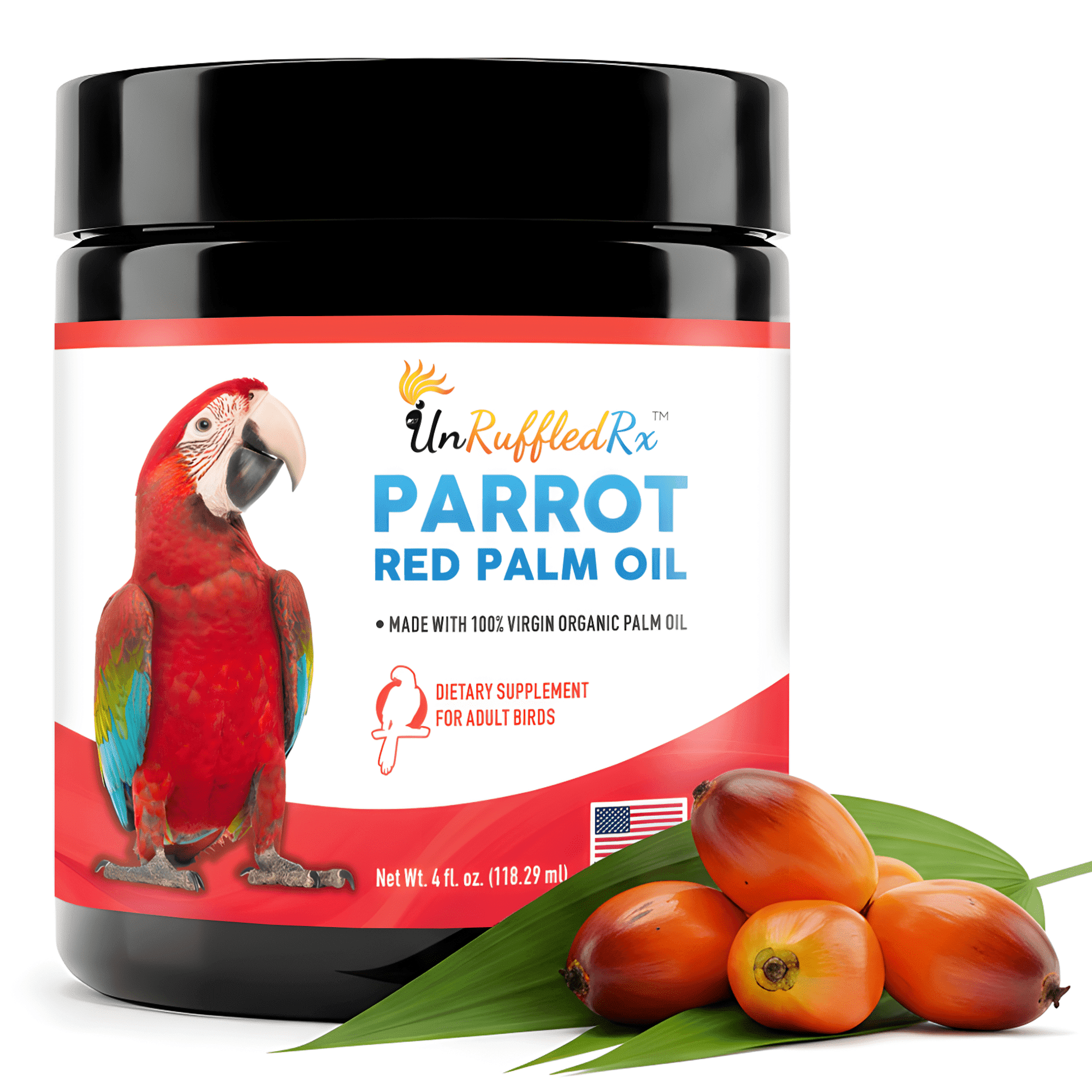 UnRuffledRx™ Red Palm Oil for Birds (4 oz) Natural Palm Oil Supplement to Support Feather Shine, Skin Health & Immune Function – Rich in Antioxidants & Essential Nutrients