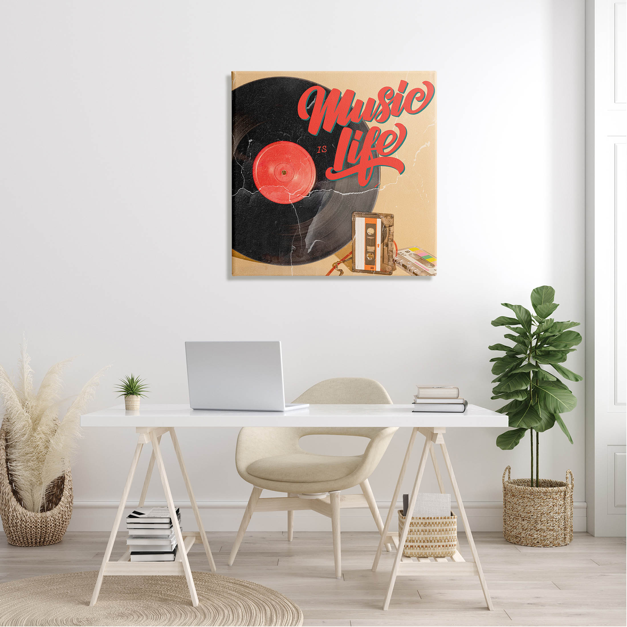 Music Is Life Vintage Cassette Inspirational Graphic Art Gallery Wrapped Canvas Print Wall Art