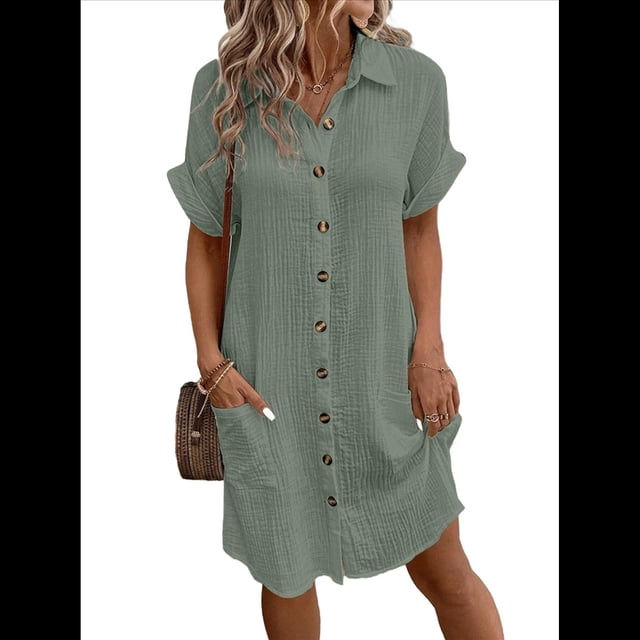 Vestido Túnica Holgado Informal de Verano para Mujer, de Algodón y , con Botones, Escote en V, Corta, Color Gris y Verde Talla M