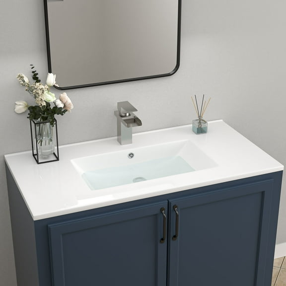 Logmey 36"x18" Porcelain White Bathroom Ceramic Sink Rectangular Top Mount Sink with Overflow Hole, Pre-Drilled Faucet Hole