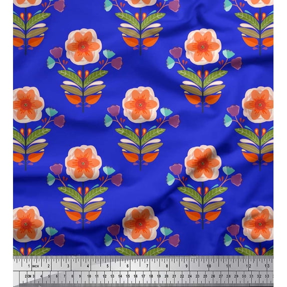 Soimoi Blue Cotton Cambric Fabric Leaves & Flower Print Fabric by the Yard 42 Inch Wide
