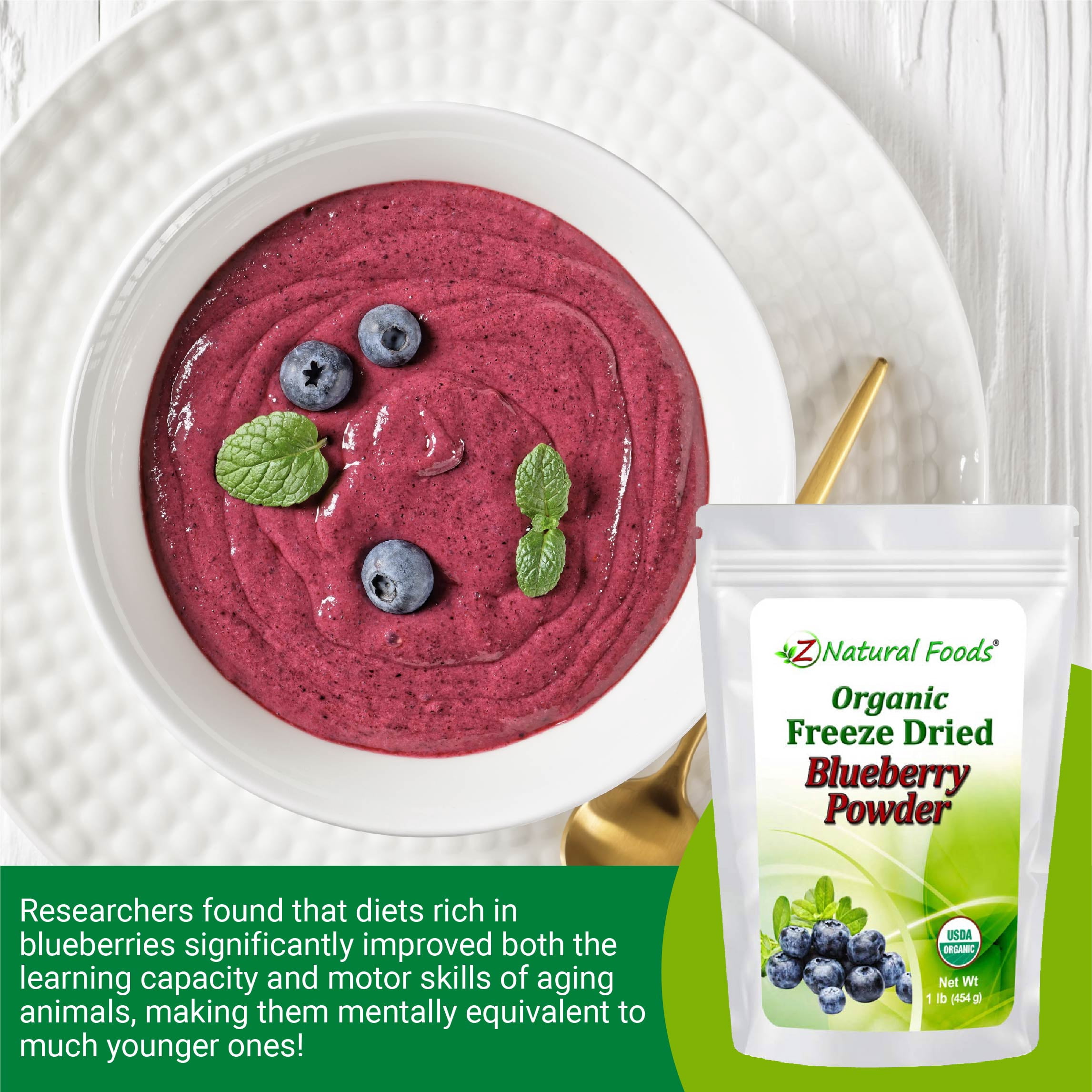 Z Natural Foods Organic Blueberry Powder, Freeze Dried Superfood Powder, 1 lb