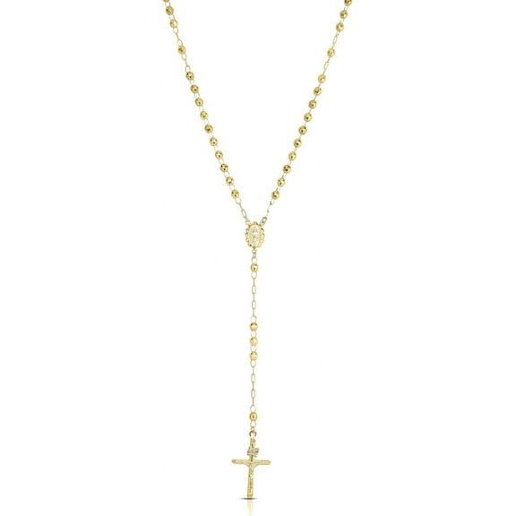 Floreo 10k Yellow Gold or Tri Color 4mm Rosary with Virgin Mary Medal and Crucifix of Jesus Cross Pendant Chain Necklace