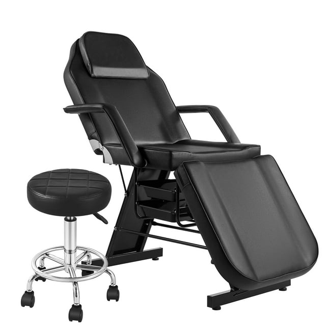 Silla de tatuaje Hicomony negra con taburete de salón y cama de esteticista