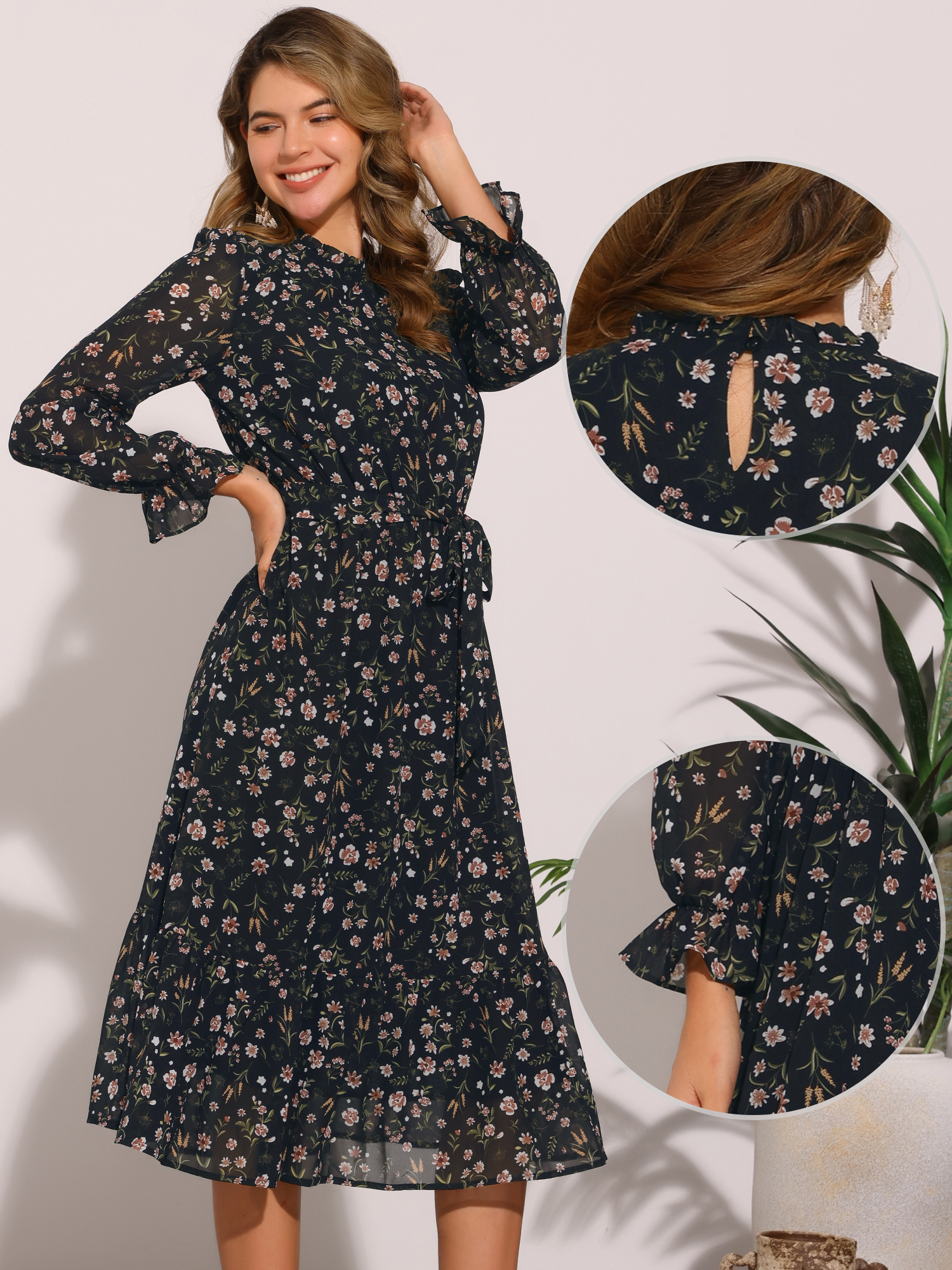 DARING DIVA Fall Floral Long Sleeve Chiffon Midi Dress XS Black