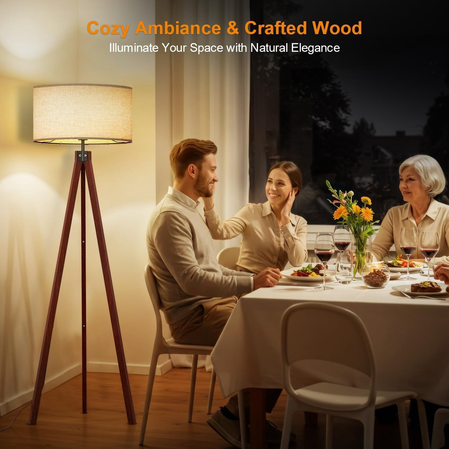 Wood Tripod Floor Lamp, Modern Studying Light for Living Room, Bedroom, Study Room and Office, Flaxen Linen Shade with E26 Base Brown