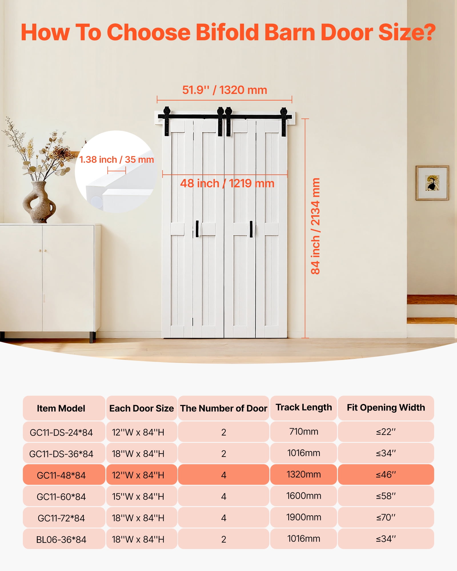 KFFKFF Bi‑Fold Sliding Closet Door, GC11‑48*84, MDF Panels, White