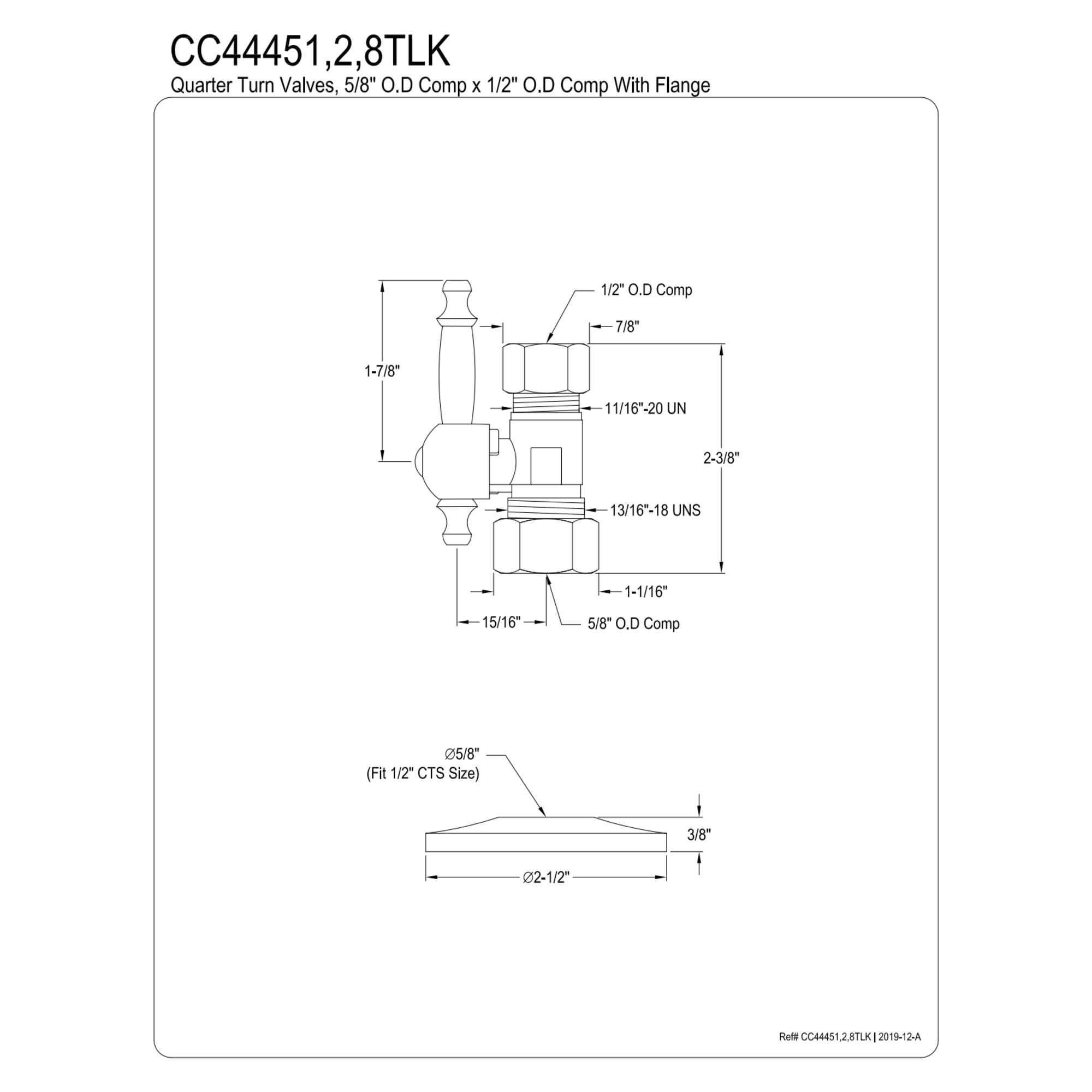 Kingston Brass CC44451TLK 5/8-Inch O.D. Comp x 1/2-Inch O.D. Comp Quarter-Turn Straight Shut-Off Valve with Flange in Polished Chrome