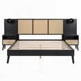 thumbnail image 4 of Queen Size Bed Frame having 2 Nightstands and Lamps in Black, Made of Solid Wood and Rattan, 4 of 22