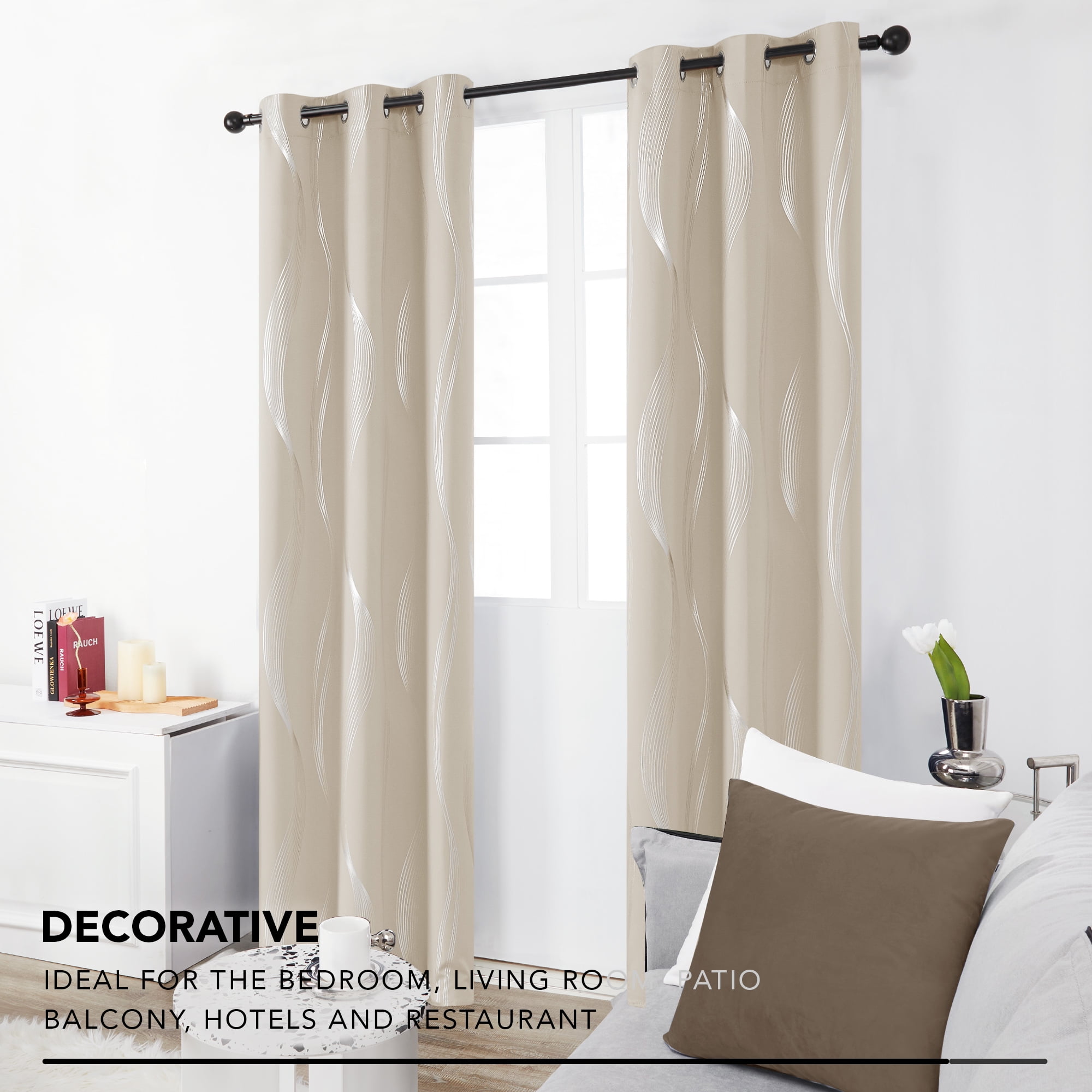 Deconovo Grommet Blackout Curtains for Living Room, Foil Wave Printed Room Darkening Grommet Window Curtains (42 x 72 inch, Light Beige, 2 Panels)