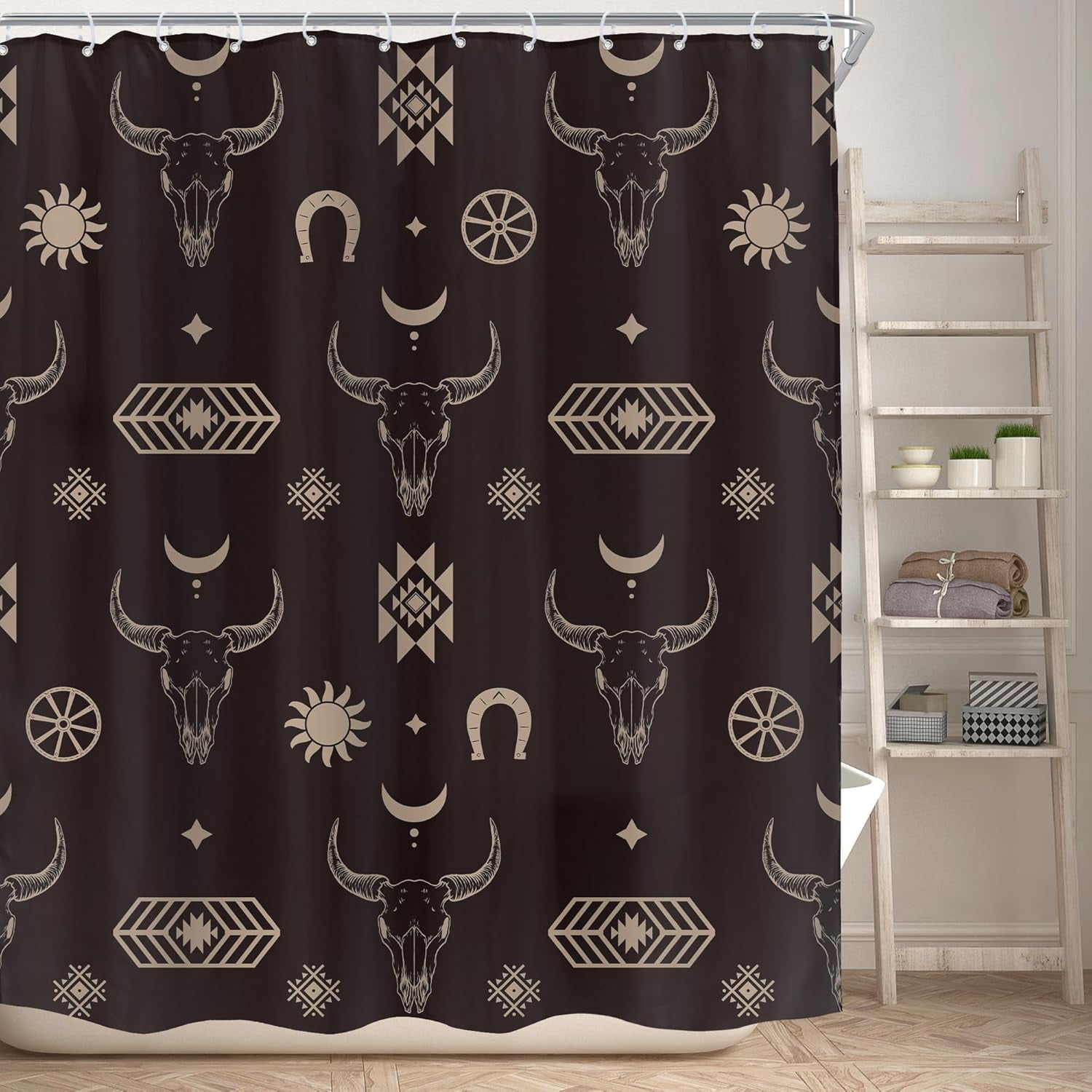 Western Bull Skull Shower Curtain for Bathroom Decor 72Wx72H Inches Boho Longhorn Cow Head Southwestern Aztec Tribal Abstract Geometric Retro Black Fabric Waterproof Polyester 12 Pack Hooks