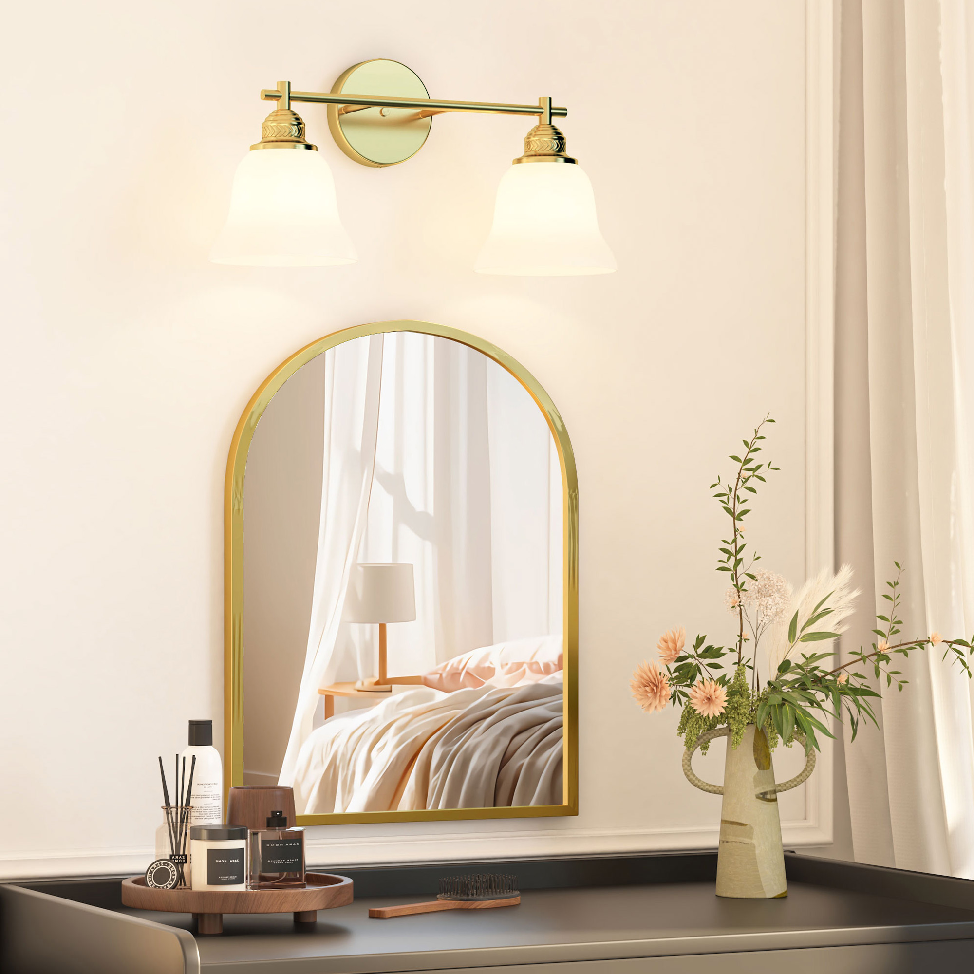 Hironpal 2-Light Bathroom Light Fixtures, Bathroom Vanity Light with White Glass Shade over Mirror Cabinet,Brushed Brass