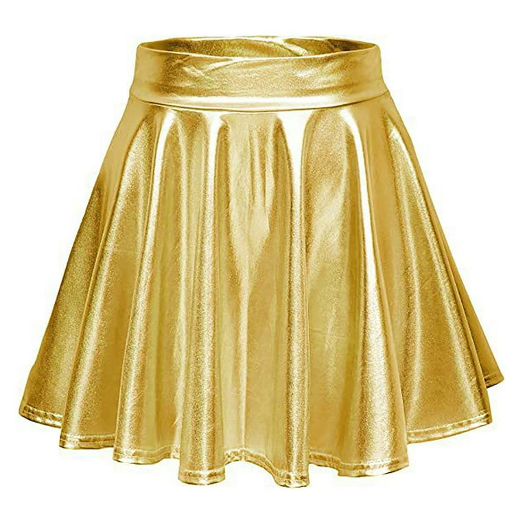 Efsteb Skirts for Women High Waist Pleated Leather Skirt Solid Color Summer Fashion Casual Comfy Skirts (Gold,M), Women's, Size: Medium