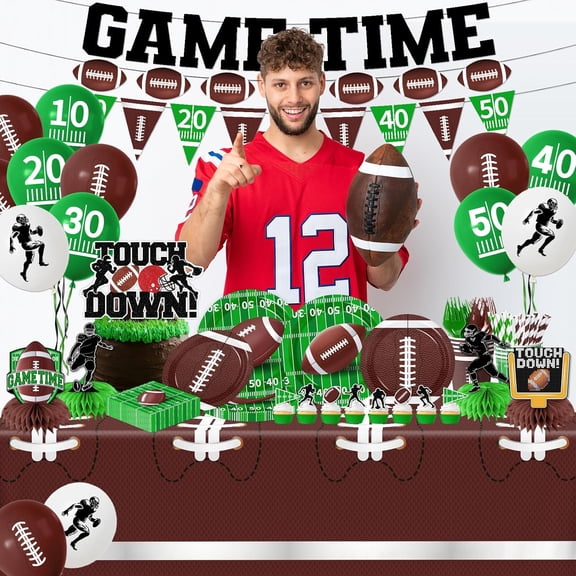 192Pcs Football Party Decorations - Football Themed Plates and Napkins Tablecloths Banner Sport Gameday Tailgate Tableware & Balloons Birthday Party Supplies