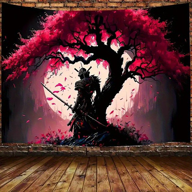 Tapiz de pared con diseño de samurái con flor de cerezo, 150 x 130 cm