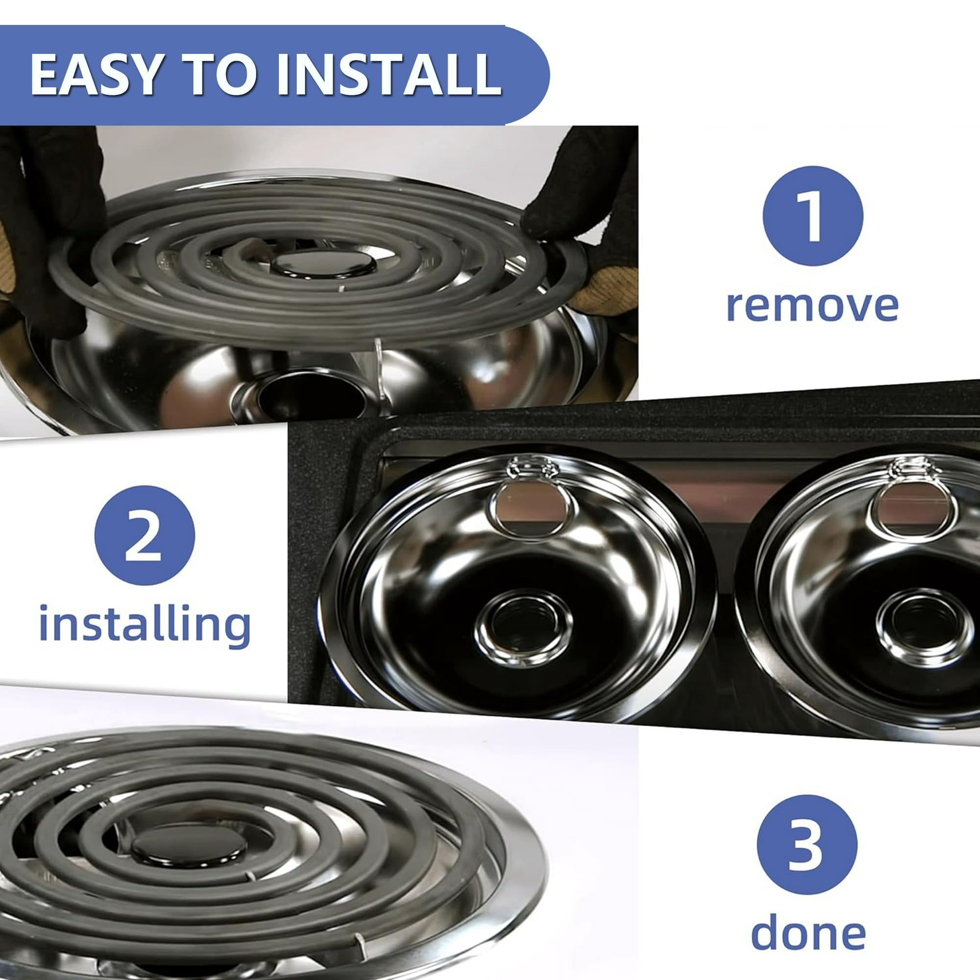 4 Pcs Stove Burner Drip Pans Chrome Replacement for Whirlpool Amana Maytag Magic-Chef Kenmore GE Electric Range  2 x 6" 2 x 8"
