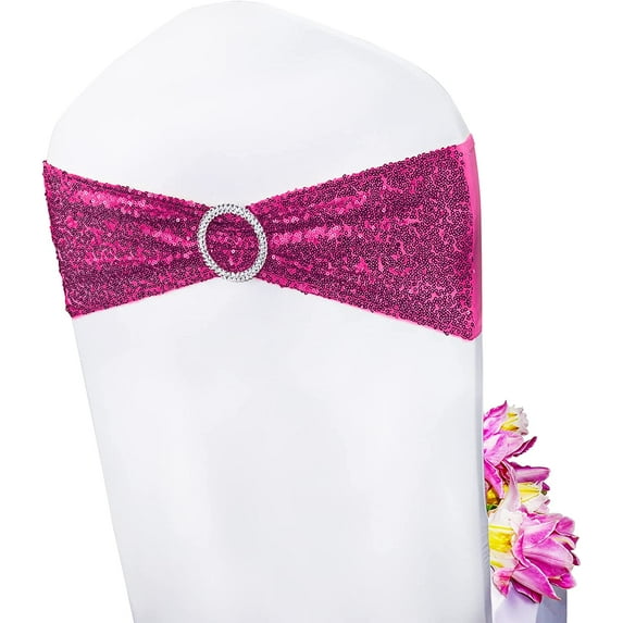 10 PCS Sequins Chair Sashes with Silver Buckle, Chair Bands One-Sided Sequins Decor for Hotel Wedding Party Event (Rose Red)
