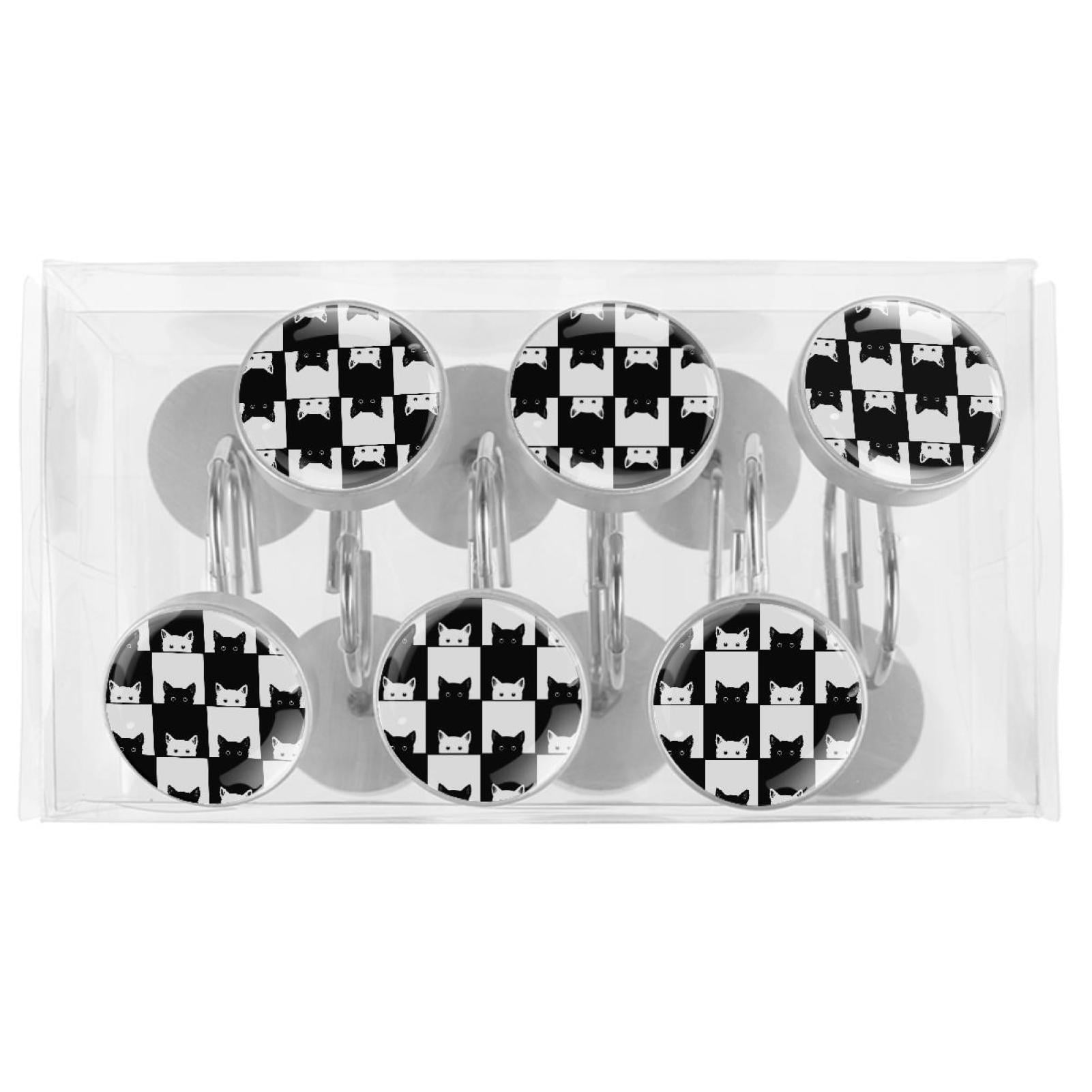 Black White Cat Chess Board Shower Curtain Hooks（Set of 12）for Home Hotel Shower Rods Bathroom Crystal Glass Print Stainless Steel Round Curtain Hooks