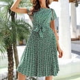 thumbnail image 4 of Summer Saving Wycnly Womens Dresses Short Sleeve Round Neck Floral Knee-Length Summer Dress Tie Waist Pleated Swing Midi Beach Dresses Green Up to 65% off, 4 of 6