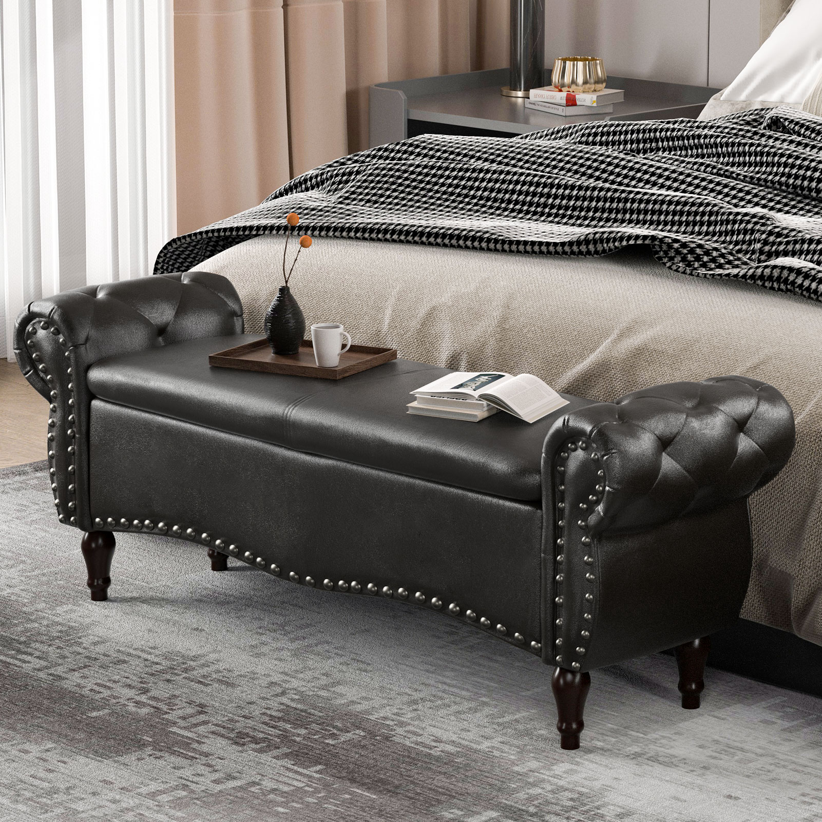 zzw 53" Upholstered Storage Ottoman Bench with Safety Hinge Lid and Tufted Fabric