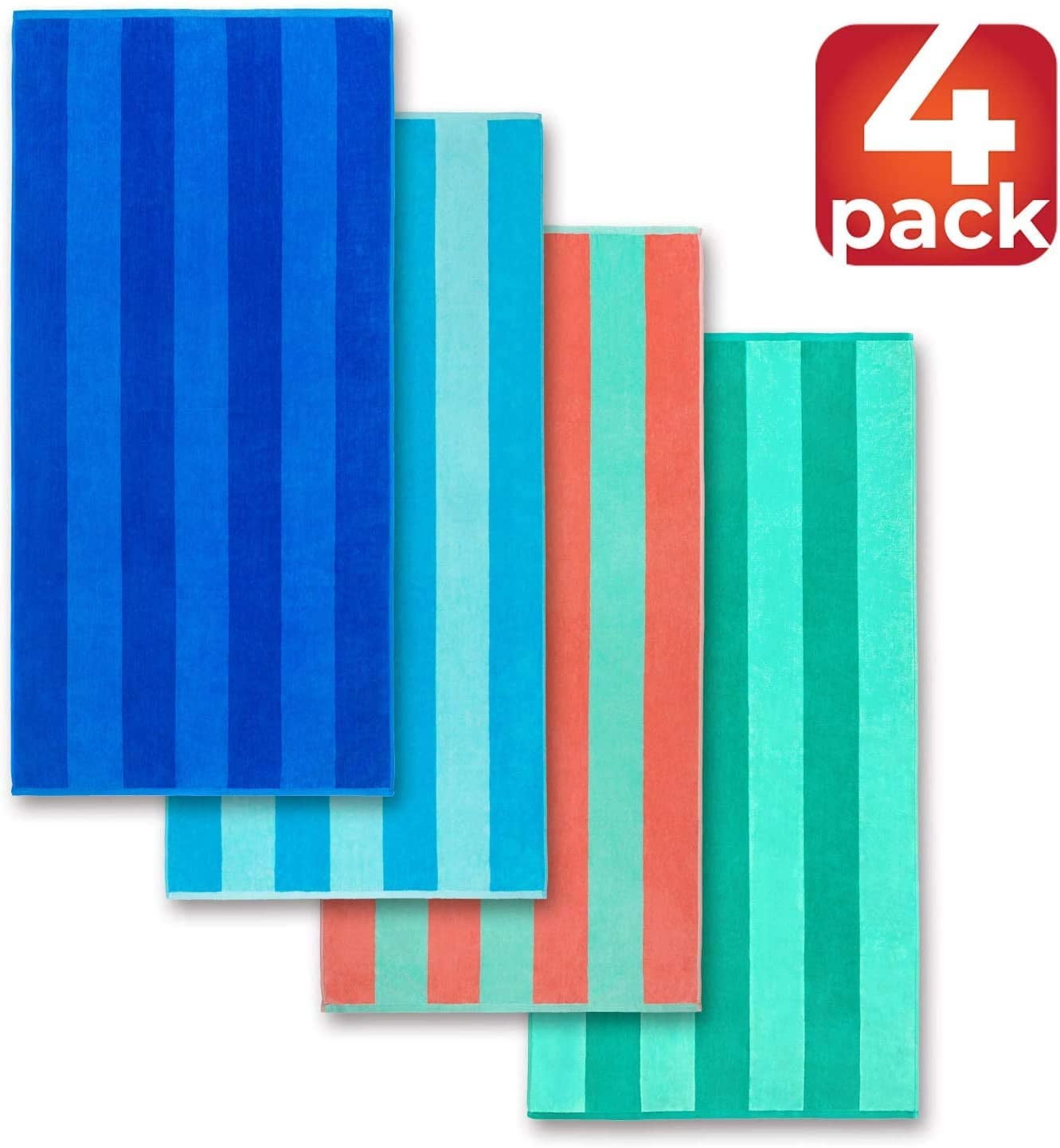 Beachland Soft Beach Towel 30 x 60 inch Cabana Stripe Hotel Pool and Resort - 4 Pack - Two tone Absorbent 100% Cotton