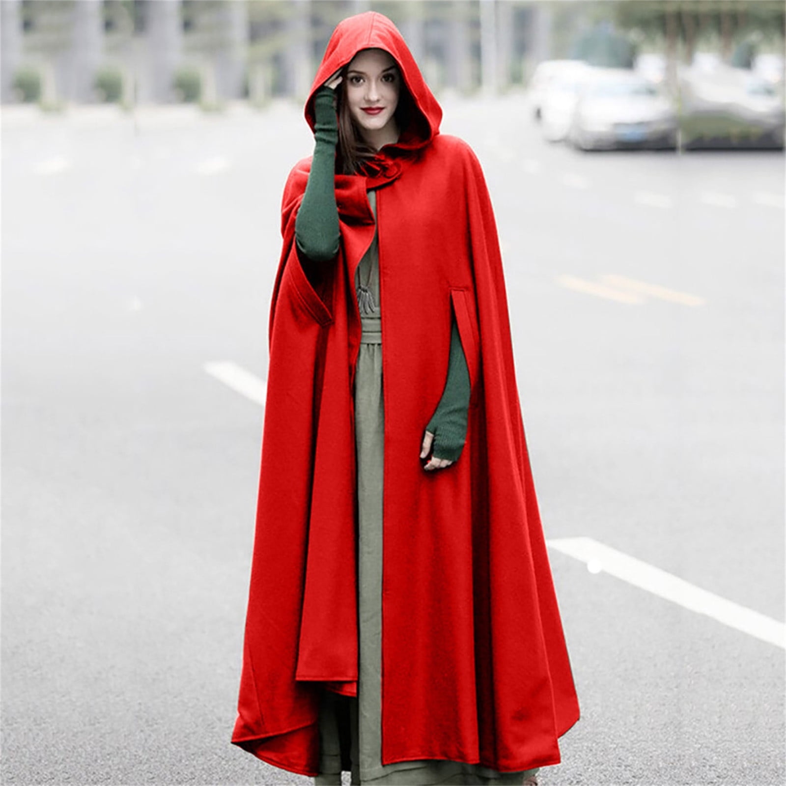 Hfyihgf Womens Gothic Hooded Open Front Poncho Cape Coat Winter Wool Blend  Maxi Outwear Jacket Cloak Red XL