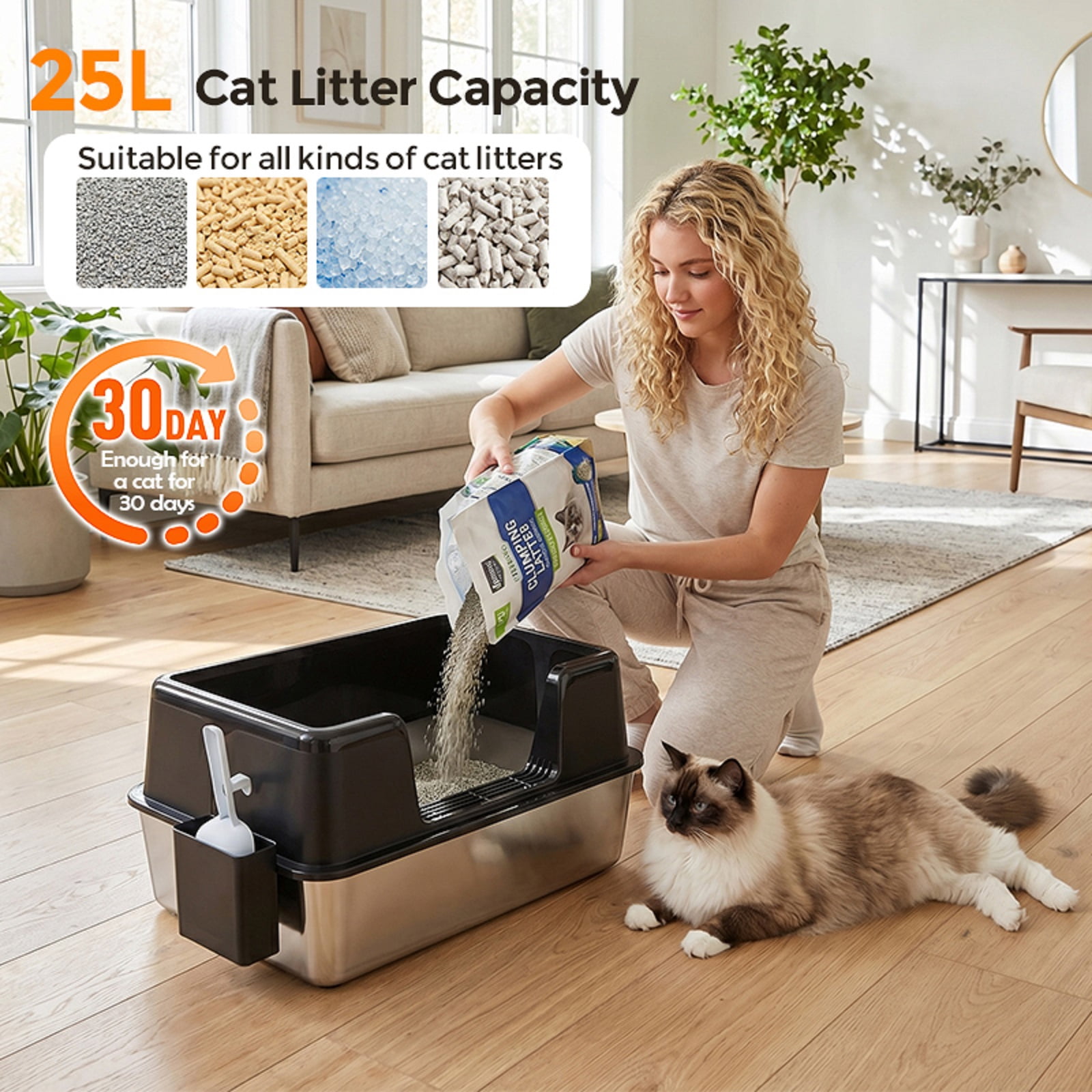 Stainless Steel Cat Litter Box with Lid, XL Extra Large Cat Litter Box for Big Cats, High Wall Sides, Never Absorbs Odors, Anti-Urine Leakage, Easy Cleaning, Scoop and Mat Included, Black