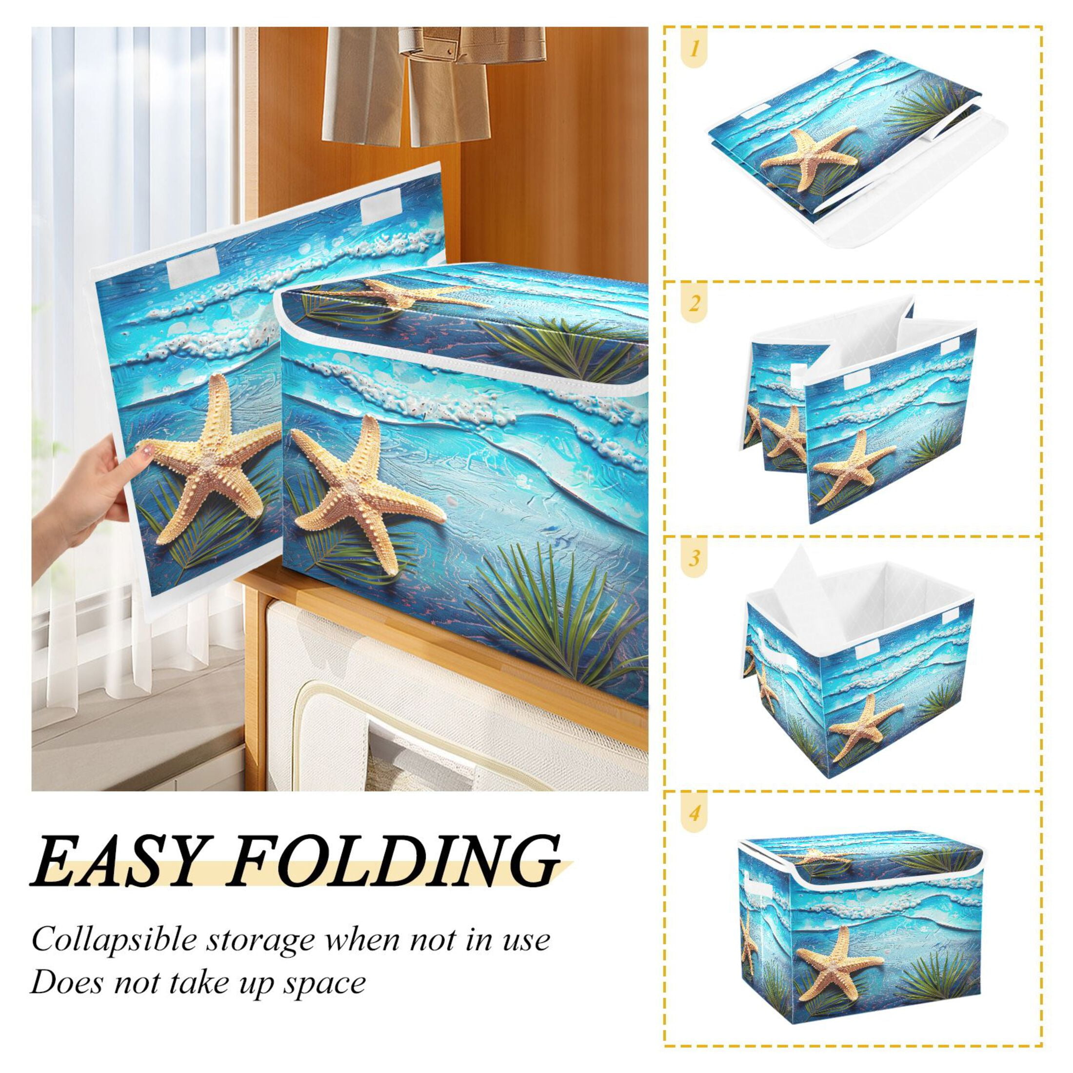 Ryvnso Sea Star on Retro Beach Large Lidded Foldable Storage Baskets Cubes Boxes Lids Bin for Home