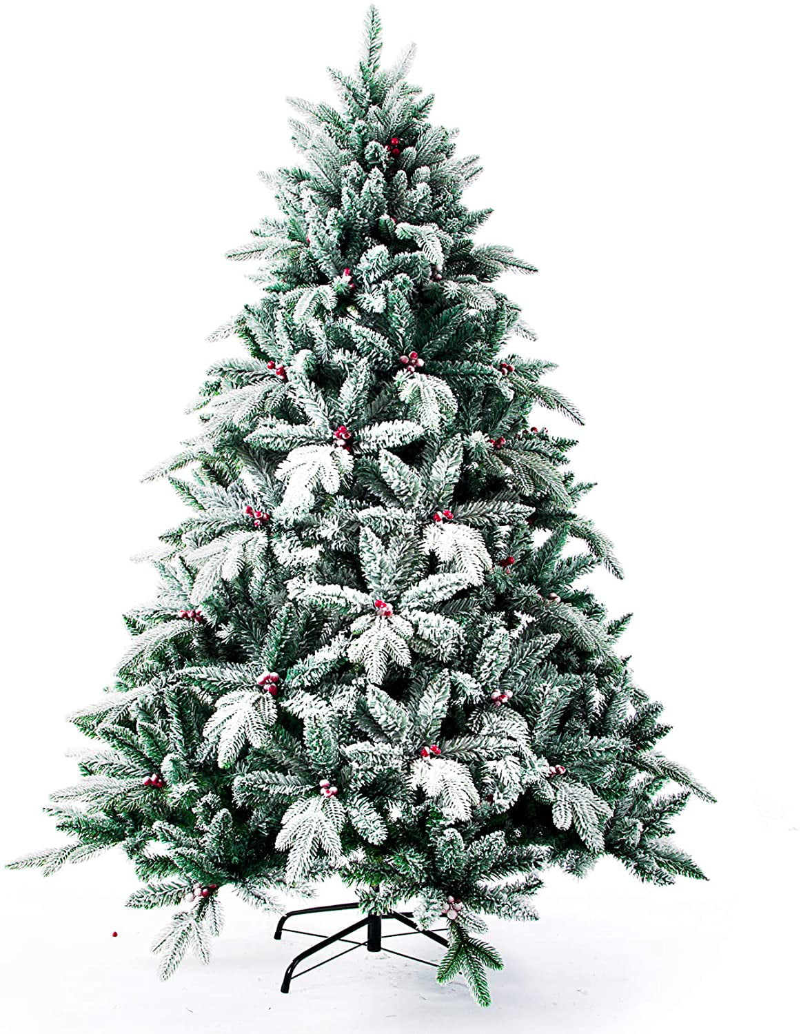 Two Artificial Christmas Poinsettia Snowy Pine Tree in Pot with Faux Red Berries 