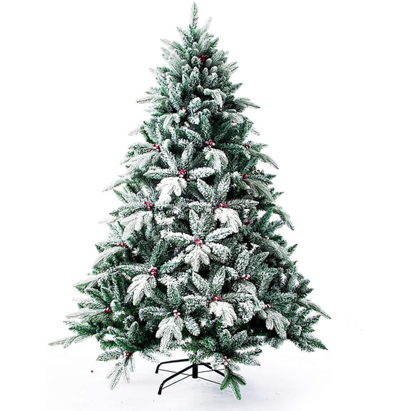 Senjie Snow Flocked Christmas Tree,Real Touch Artificial Tree with Red Berry Unlit 4.5 FT
