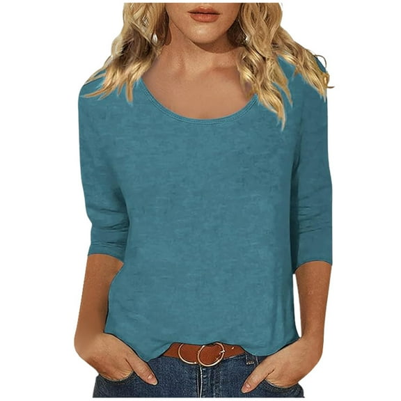 Womens T Shirts Womens Tops Women's Casual Solid Color Print Neck Low Cut 3/4 Sleeve T Shirt Top