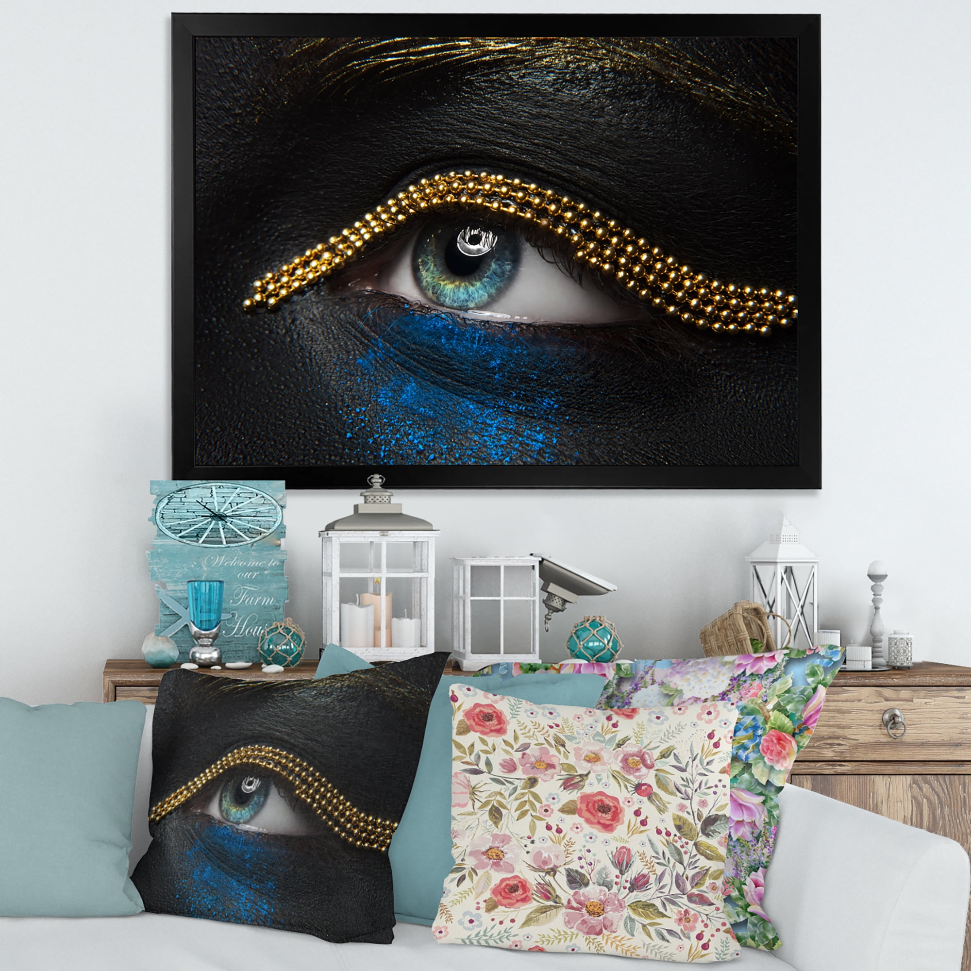 Designart 'Woman Eyes With Black Skin With A Gold Chain' Modern Framed Art Print