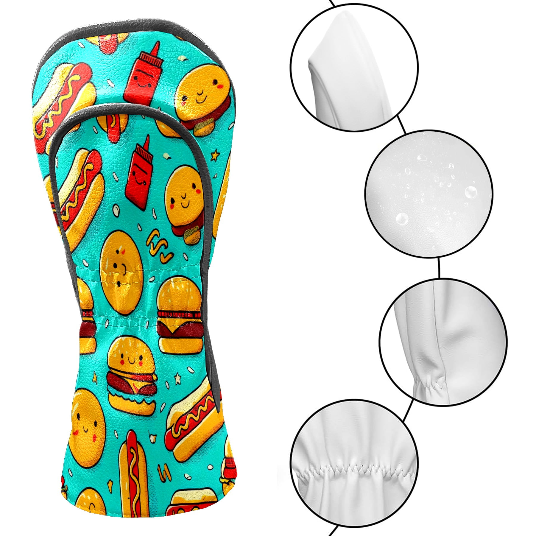 Golf Club Head Covers - Colorful Food Blue Design, Premium PU Leather Driver Hybrid Headcovers with Velvet Lining, Waterproof Golf Gifts for Men Women