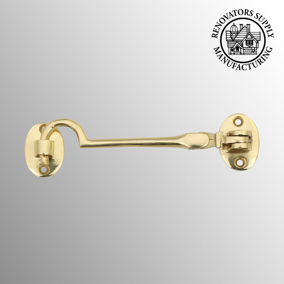 Renovators Supply Solid Brass Swivel Pivot Style Cabin Eyelet Latches 4 Inches Long Heavy Hooks for Cabinet Window Kitchen Closet Sliding Door Barn or Fence Gate Hardware Locks with Mounting Screws