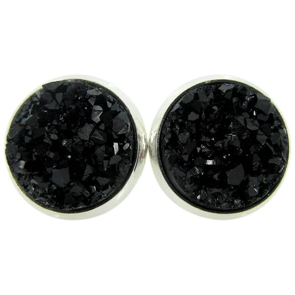 Stainless Steel Black Faux Druzy Stone Stud Earrings 12mm